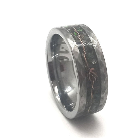 Boldness TEEN - Exotic Hammered Tungsten Ring Band " Fire Opal "